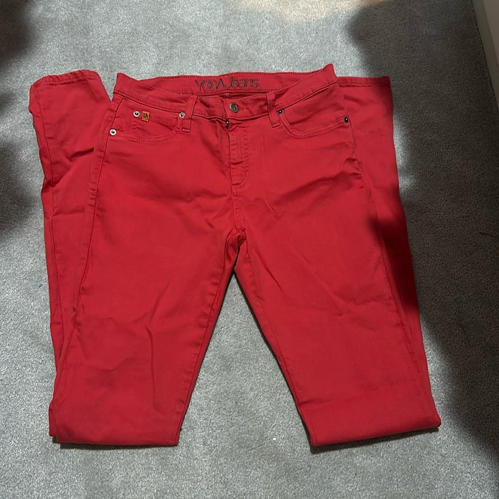 Stretchy Yoga Jeans brand coral colored jeans. Size 28 waist, inseam 37